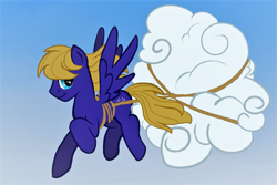 Size: 1199x800 | Tagged: safe, artist:sweetsismagic, derpibooru import, oc, oc only, oc:cloud quake, pegasus, pony, flying, pulling, rope, simple background, solo