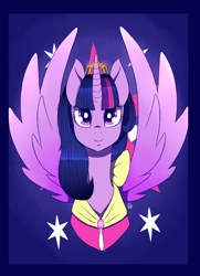 Size: 1450x2000 | Tagged: safe, artist:seishinann, derpibooru import, twilight sparkle, twilight sparkle (alicorn), alicorn, pony, clothes, crown, dress, female, jewelry, mare, regalia, smiling, solo, spread wings, wings