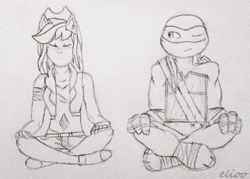 Size: 640x459 | Tagged: safe, artist:elioo, derpibooru import, equestria girls, crossover, crossover shipping, leonardo, meditating, one eye closed, ponied up, shipping, teenage mutant ninja turtles, tmnt 2012, traditional art