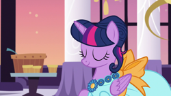 Size: 1920x1080 | Tagged: safe, derpibooru import, screencap, twilight sparkle, twilight sparkle (alicorn), alicorn, pony, make new friends but keep discord, alternate hairstyle, beautiful, cheerful, clothes, dress, female, folded wings, food, gala, gala dress, grand galloping gala, hair bun, jewelry, mare, necklace, smiling, table, wings