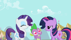 Size: 1280x720 | Tagged: safe, derpibooru import, screencap, rarity, spike, twilight sparkle, unicorn twilight, dragon, pony, unicorn, the cutie pox, alternate hairstyle, eyes closed, female, heart eyes, hub logo, male, mare, rarity hair, smiling, trio, twilight is not amused, unamused, wingding eyes