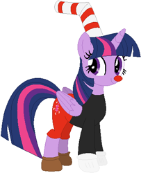 Size: 389x479 | Tagged: safe, artist:nsmah, artist:user15432, derpibooru import, twilight sparkle, twilight sparkle (alicorn), alicorn, barely pony related, base used, black shirt, clothes, crossover, cuphead, cuphead (character), gloves, long sleeve shirt, long sleeves, my little pony, red nose, shirt, shoes, shorts, straw, studio mdhr