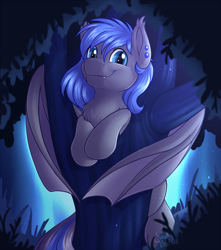 Size: 1134x1280 | Tagged: safe, artist:sugaryviolet, derpibooru import, oc, oc only, oc:moonslurps, bat pony, pony, bat pony oc, commission, cute, cute little fangs, digital art, fangs, female, looking at you, male, mare, night, ocbetes, smiling, solo, tree