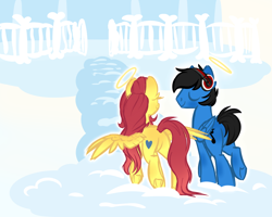 Size: 1024x819 | Tagged: safe, artist:kellythedrawinguni, derpibooru import, oc, oc only, oc:bangers, oc:michaela, pegasus, pony, female, halo, headphones, heaven, male, mare, stallion