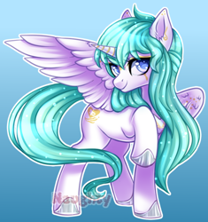 Size: 600x639 | Tagged: safe, artist:cabbage-arts, derpibooru import, oc, oc only, oc:themis, alicorn, pony, alicorn oc, colored pupils, ear fluff, female, gradient background, jewelry, looking at you, mare, raised hoof, solo, spread wings, wings