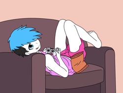 Size: 1200x900 | Tagged: safe, artist:linedraweer, derpibooru import, oc, oc:wy, human, equestria girls, barefoot, chips, commission, controller, feet, femboy, food, hair over one eye, humanized, male, playing, playstation 4, relaxing, sofa, solo, tongue out, video game, witch
