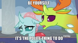 Size: 888x499 | Tagged: safe, derpibooru import, edit, edited screencap, screencap, ocellus, thorax, changedling, changeling, school daze, caption, cute, diaocelles, discovery family logo, duo, eye contact, female, floppy ears, frown, image macro, king thorax, lidded eyes, looking at each other, male, meme, sad, sadorable, talking, text, tongue out