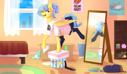 Size: 3539x2069 | Tagged: safe, artist:itsizzybel, derpibooru import, oc, oc only, oc:singery anne, pegasus, pony, backpack, book, box, clothes, high res, maid, mirror, one eye closed, poster, solo, wink