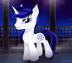 Size: 2289x2000 | Tagged: safe, artist:pedrohander, derpibooru import, oc, oc only, oc:lexus the unicorn, unicorn, night, pentagram, smiling, smirk, solo