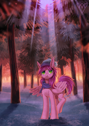 Size: 900x1273 | Tagged: safe, artist:margony, derpibooru import, oc, oc only, pegasus, pony, clothes, commission, female, forest, hat, looking at you, mare, scarf, scenery, snow, solo, tree, winter