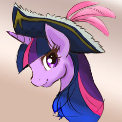 Size: 2400x2400 | Tagged: safe, artist:grimbloody, color edit, derpibooru import, edit, twilight sparkle, alicorn, pony, color, colored, cute, female, gradient background, hat, looking at you, mare, pirate hat, solo, wip