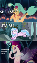 Size: 916x1527 | Tagged: safe, derpibooru import, edit, edited screencap, screencap, princess skystar, queen novo, silverstream, classical hippogriff, hippogriff, seapony (g4), my little pony: the movie, school daze, aunt and niece, cousins, excited, facefin, facehoof, female, i'm surrounded by idiots, it runs in the family, mother and child, mother and daughter, parent and child, princess skystar does loves shells, reference, that hippogriff sure does love stairs, that seapony sure does love shells, the lion king