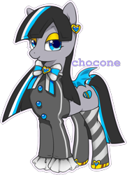 Size: 1681x2315 | Tagged: safe, artist:chocone, derpibooru import, oc, oc only, bat pony, adoptable, bat pony oc, bat wings, bow, bowtie, button, clothes, color outline, ear piercing, earring, eyelashes, eyeshadow, female, heart, jewelry, lidded eyes, makeup, mare, mismatched socks, multicolored hair, piercing, ribbon, shirt, shoes, signature, simple background, small wings, smiling, socks, solo, spread wings, striped socks, text, transparent background, wings