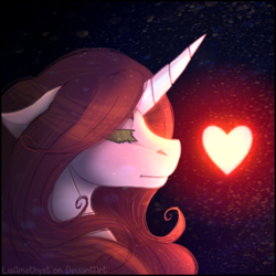 Size: 600x600 | Tagged: safe, artist:liaamethyst, derpibooru import, oc, oc only, oc:red pearl, pony, unicorn, abstract background, eyes closed, female, floppy ears, heart, horn, mare, signature, solo, text