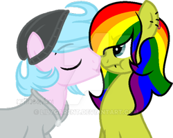 Size: 600x479 | Tagged: safe, artist:lilygarent, derpibooru import, oc, oc only, oc:felix, oc:ranbow dance, earth pony, pony, beanie, clothes, female, hat, kissing, male, mare, rainbow hair, simple background, stallion, transparent background, watermark