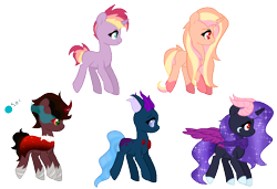 Size: 888x606 | Tagged: safe, artist:companionadopts, derpibooru import, oc, oc only, oc:clumsy aura, oc:crimson apple, oc:fairy floss, oc:mandible, oc:winged singe, changepony, hybrid, interspecies offspring, magical gay spawn, magical lesbian spawn, offspring, parent:big macintosh, parent:derpy hooves, parent:discord, parent:king sombra, parent:pharynx, parent:princess cadance, parent:princess luna, parent:sunburst, parent:twilight sparkle, parents:lunacord, parents:lunarynx, parents:sombramac, parents:sundence, parents:twerpy, simple background, transparent background