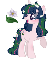 Size: 1024x1178 | Tagged: safe, artist:xxacandriah, derpibooru import, oc, oc only, oc:ivy spruce, unicorn, female, floral head wreath, flower, flower in hair, flower in tail, mare, offspring, parent:timber spruce, parent:twilight sparkle, parents:timbertwi, simple background, solo, transparent background