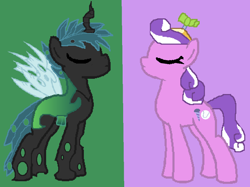 Size: 954x712 | Tagged: safe, artist:soulapple1031, derpibooru import, screwball, oc, oc:mothball, changeling, earth pony, hybrid, pony, fanfic:daughter of discord, blue hair, calm, canon x oc, changeling oc, digital art, duality, eyes closed, female, green background, hat, insect wings, interspecies offspring, male, mare, next generation, offspring, offspring shipping, parent:discord, parent:fluttershy, parent:queen chrysalis, parents:discoshy, propeller hat, purple background, shipping, simple background, spread wings, straight, wings