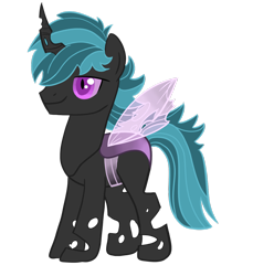 Size: 1024x1117 | Tagged: safe, artist:0tinybitobsessive0, derpibooru import, oc, oc only, oc:azul, changeling, blue hair, changeling oc, insect wings, looking forward, male, non-pony oc, purple changeling, purple eyes, simple background, smiling, solo, spread wings, transparent background, vector, wings