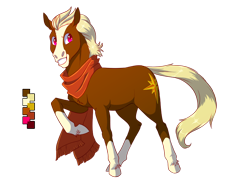 Size: 900x643 | Tagged: safe, artist:tutyrannosaurus, derpibooru import, oc, oc only, oc:pathfinder, earth pony, pony, blaze (coat marking), blonde hair, clothes, color palette, confident, grin, hoers, hooves, looking at you, male, pink eyes, raised hoof, realistic horse legs, scarf, simple background, smiling, socks (coat marking), solo, stallion, transparent background, unshorn fetlocks