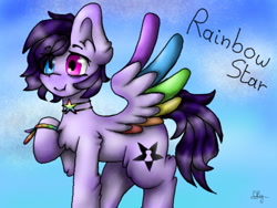Size: 640x480 | Tagged: safe, artist:nijihoshi-oly, derpibooru import, oc, oc only, oc:rainbow star, pegasus, pony, abstract background, bags under eyes, blue eyes, bracelet, colored wings, colored wingtips, cute, dimples, female, friendship bracelet, heterochromia, jewelry, looking at you, mare, multicolored wings, name, necklace, pink eyes, purple hair, rainbow wings, signature, smiling, solo, spread wings, stars, text, wings