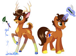 Size: 2329x1723 | Tagged: safe, artist:sirzi, derpibooru import, oc, oc:aluxor, deer, original species, pony, unicorn, colored hooves, deer oc, levitation, magic, paintbrush, pencil, raised hoof, simple background, solo, species swap, telekinesis, transparent background, vitrung