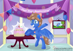 Size: 9246x6420 | Tagged: safe, artist:raspberrystudios, derpibooru import, oc, oc only, oc:midnight luna, alicorn, absurd resolution, alicorn oc, balloon, banner, big smile, cake, commission, food, party, shading