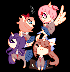 Size: 486x500 | Tagged: safe, artist:vritny, derpibooru import, earth pony, pegasus, pony, unicorn, black background, clothes, doki doki literature club, eyes closed, female, flying, mare, monika, natsuki, no pupils, ponified, sayori, school uniform, signature, simple background, yuri (ddlc)