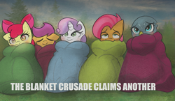 Size: 1107x644 | Tagged: safe, artist:nignogs, derpibooru import, apple bloom, babs seed, gabby, scootaloo, sweetie belle, earth pony, griffon, pegasus, pony, unicorn, /mlp/, 4chan, blanket, blushing, caption, comfy, cute, cutie mark crusaders, description is relevant, drawthread, female, filly, parody, request, sleepy, smiling, yuru camp