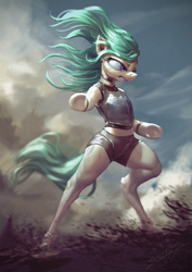 Size: 765x1080 | Tagged: safe, artist:assasinmonkey, derpibooru import, oc, oc only, earth pony, semi-anthro, unguligrade anthro, arm hooves, armor, bipedal, chest plate, clothes, female, flowing mane, mare, midriff, shorts, signature, solo, underhoof