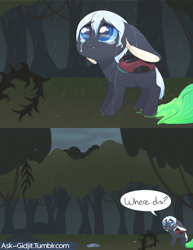 Size: 2550x3300 | Tagged: safe, artist:noodlefreak88, derpibooru import, oc, oc only, oc:gidjit, ladybug, pony, comic, disguise, disguised changeling, everfree forest, rain, sad, solo, tumblr:ask-gidjit, wet