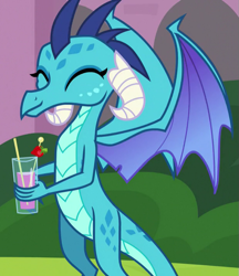 Size: 619x718 | Tagged: safe, derpibooru import, screencap, princess ember, dragon, school daze, cropped, cute, drink, emberbetes, eyes closed, food, smiling, solo, strawberry, when she smiles