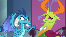 Size: 1920x1080 | Tagged: safe, derpibooru import, screencap, princess ember, thorax, changedling, changeling, dragon, school daze, accusation, angry, banner, canterlot castle, frown, glare, king thorax, pointing, sad, scared, suspect