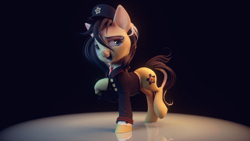 Size: 960x540 | Tagged: safe, artist:v747, derpibooru import, oc, oc only, oc:zedwin, earth pony, pony, 3d, lidded eyes, police, smiling