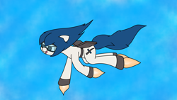 Size: 3840x2160 | Tagged: safe, artist:aquaholicsanonymous, derpibooru import, oc, oc:merlin, original species, rocket pony, female, flying, goggles, gridfins, grin, mare, rocket, smiling, solo, spacex, spread wings, windswept mane