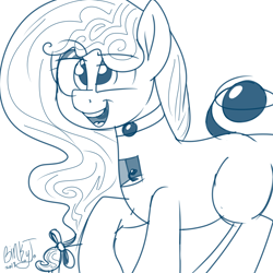 Size: 1500x1500 | Tagged: safe, artist:binkyt11, derpibooru import, oc, oc only, oc:darwina northcutt, earth pony, original species, pony, choker, dreamworks face, female, hair tie, mare, monochrome, simple background, smug, solo, white background