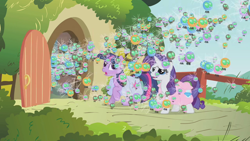 Size: 1280x720 | Tagged: safe, derpibooru import, screencap, rarity, twilight sparkle, unicorn twilight, parasprite, pony, unicorn, swarm of the century, duo, female, fluttershy's cottage, flying, mare, swarm