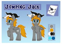 Size: 1000x712 | Tagged: safe, artist:cabbage-arts, derpibooru import, oc, oc:jumping jack, pegasus, pony, blue eyes, color palette, cutie mark, folded wings, hat, jester hat, looking at you, looking forward, male, one hoof raised, orange hair, reference sheet, smiling, solo, stallion, standing, unshorn fetlocks, wings