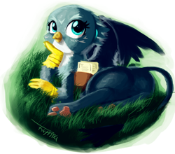 Size: 2378x2095 | Tagged: safe, artist:theprince, derpibooru import, gabby, griffon, cute, female, grass, looking at you, mail, mailbag, paper, paws, plot, solo, toe beans, weapons-grade cute