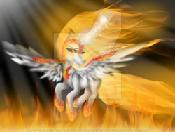 Size: 400x300 | Tagged: safe, artist:moonlightdrawss, derpibooru import, daybreaker, alicorn, clothes, female, fire, helmet, jewelry, mare, peytral, shoes, solo, watermark