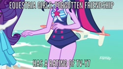 Size: 1334x750 | Tagged: safe, derpibooru import, edit, edited screencap, screencap, rarity, sci-twi, twilight sparkle, better together, equestria girls, forgotten friendship, added captions, beach, clothes, discovery family logo, drone, gem, ocean, selfie drone, swimsuit, tv rating, tv-y7