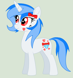 Size: 827x886 | Tagged: safe, artist:gempainter32, derpibooru import, oc, oc only, oc:diamond nella, pony, unicorn, base used, blue mane, blue tail, bow, diamond, female, green background, hair bow, heart, looking up, mare, red eyes, simple background, solo