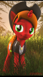 Size: 1080x1920 | Tagged: safe, artist:alcohors, derpibooru import, oc, oc only, oc:essy ferguson, pony, unicorn, 3d, clothes, cowboy hat, digital art, female, hat, mare, scenery, signature, smiling, solo, source filmmaker, stetson