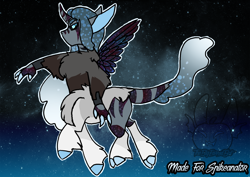 Size: 2232x1584 | Tagged: safe, artist:thebigearredbat, derpibooru import, oc, centaur, hybrid, my little pony: the movie, agender, ambiguous species, ethereal mane, horn, interspecies offspring, offspring, parent:storm king, parent:tantabus, solo, starry mane, stars, wings