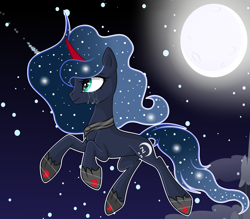 Size: 3625x3181 | Tagged: safe, artist:mlpscartyal, derpibooru import, oc, unicorn, base used, clothes, colored horn, crying, ethereal mane, floating, jewelry, moon, necklace, night, offspring, parent:king sombra, parent:princess luna, parents:lumbra, red horn, shoes, sky, solo, starry mane, stars