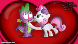 Size: 1600x900 | Tagged: safe, artist:csanimations, derpibooru import, spike, sweetie belle, dragon, blushing, cute, female, heart, holiday, love, male, seductive, shipping, simple background, spikebelle, straight, valentine's day, watermark