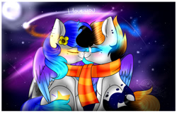 Size: 1024x657 | Tagged: safe, artist:tehgamingcherryyt, derpibooru import, oc, oc only, oc:moonlight dusk, oc:star dust, boop, female, noseboop, scarf cuddles, shipping, space