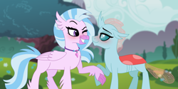 Size: 1280x640 | Tagged: safe, artist:cascayd, derpibooru import, ocellus, silverstream, changedling, changeling, classical hippogriff, hippogriff, school daze, blushing, female, interspecies, lesbian, ocellustream, one eye closed, shipping, wink