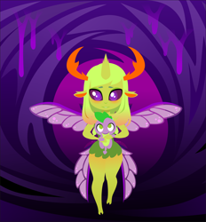 Size: 3642x3933 | Tagged: safe, artist:alpaca-pharaoh, derpibooru import, mesosoma, queen mesosoma, spike, thorax, anthro, changedling, changeling, dragon, blushing, cute, cuteling, duo, female, king thorax, lineless, looking at you, male, rule 63