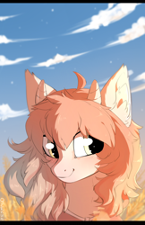 Size: 1000x1547 | Tagged: safe, artist:am927, derpibooru import, oc, oc only, pony, blushing, bust, cloud, ear fluff, female, field, horns, looking sideways, mare, sky, solo